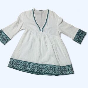 Zara White Mini Dress with Teal Embroidered Trim